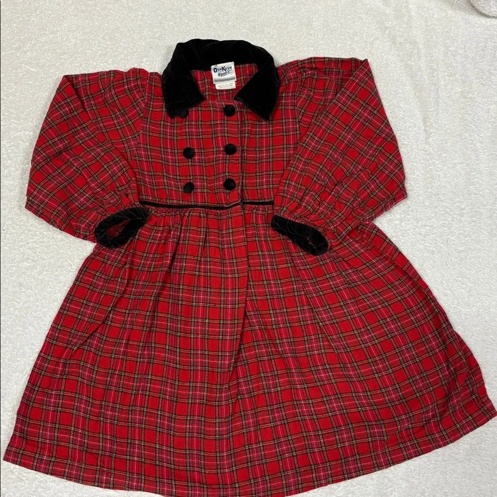 Vintage OshKosh B'gosh Red long sleeve Plaid black velvet trimmed dress girls 5